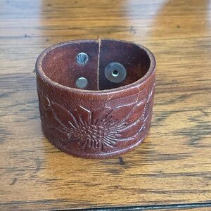 Brown Leather Floral Embossed Bracelet